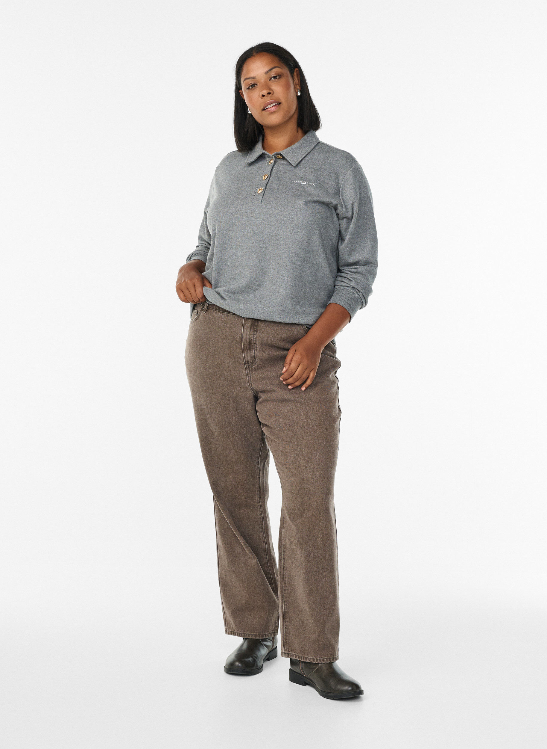 Zizzi Polo met lange mouwen met decoratieve knopen, Grijs, Model image number 1