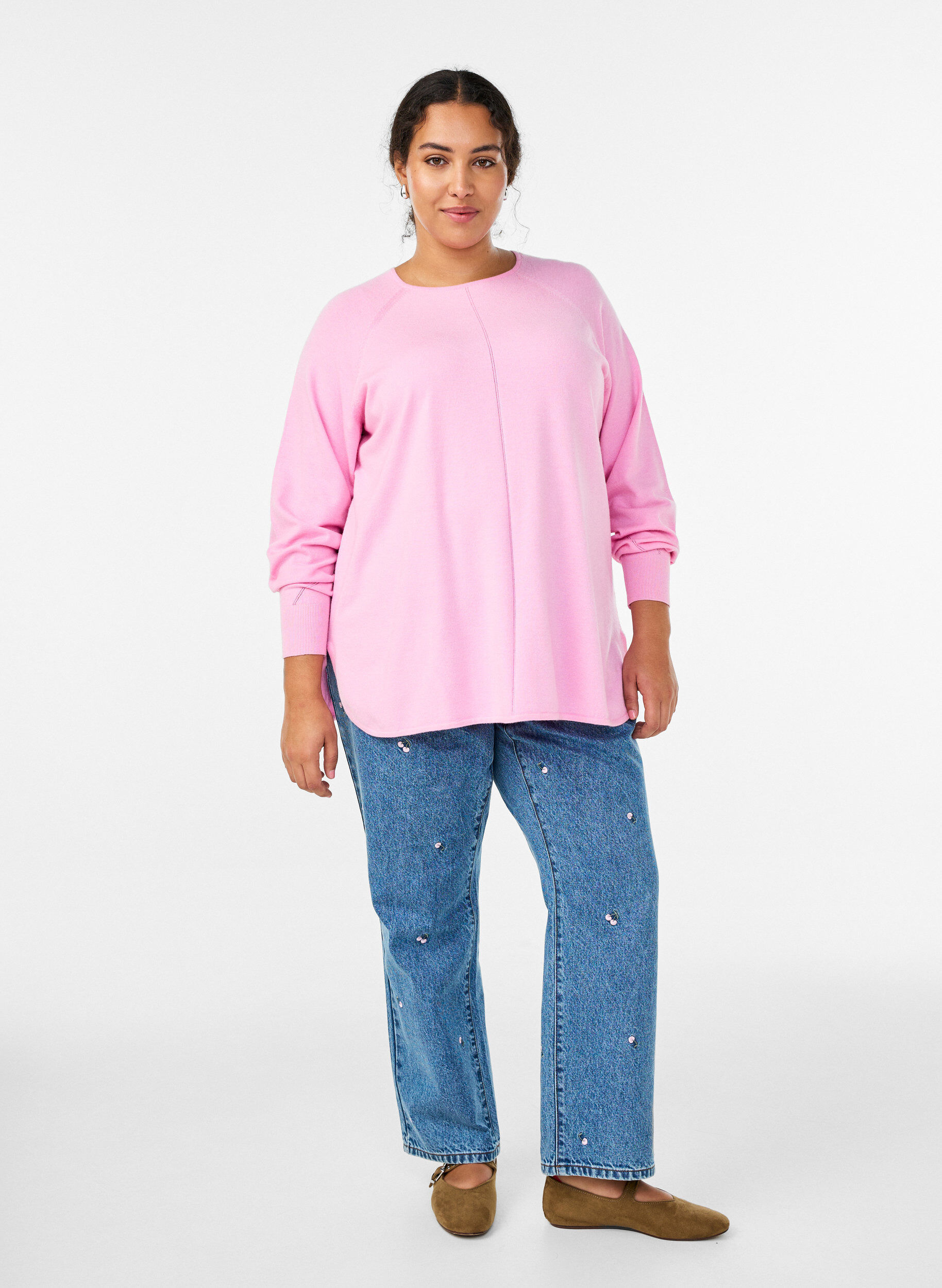 Zizzi Gebreide blouse met ronde hals en gebreid patroon, Roze, Model image number 1