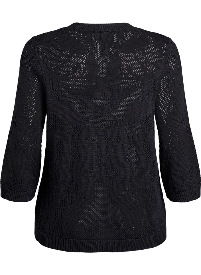 Gebreide blouse met een opengewerkt patroon en 3/4 mouwen, Black, Packshot image number 1