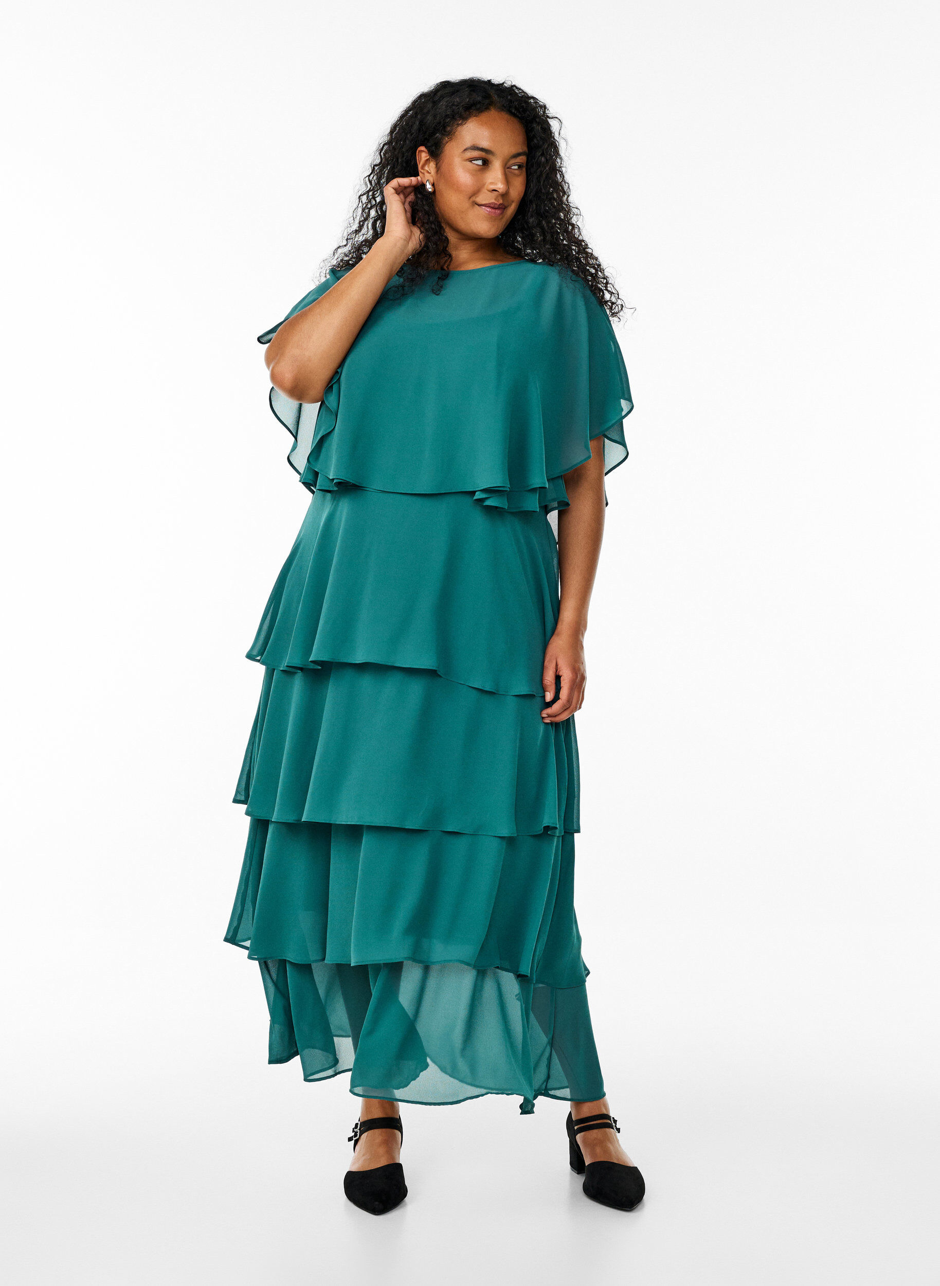 Zizzi Maxi jurk met ruches en afneembare cape, Groen, Model image number 4