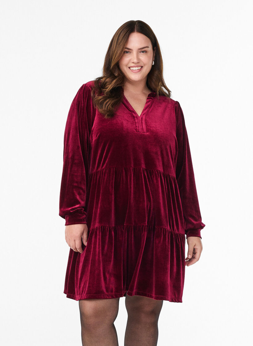 Veloursjurk met lange mouwen en een ruchekraag, Rood, Model image number 0