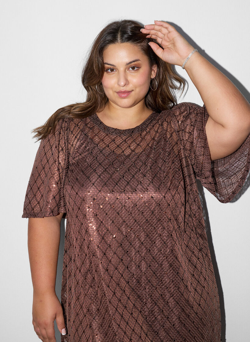 Korte jurk met pailletten en ruitpatroon, Bruin, Model image number 3