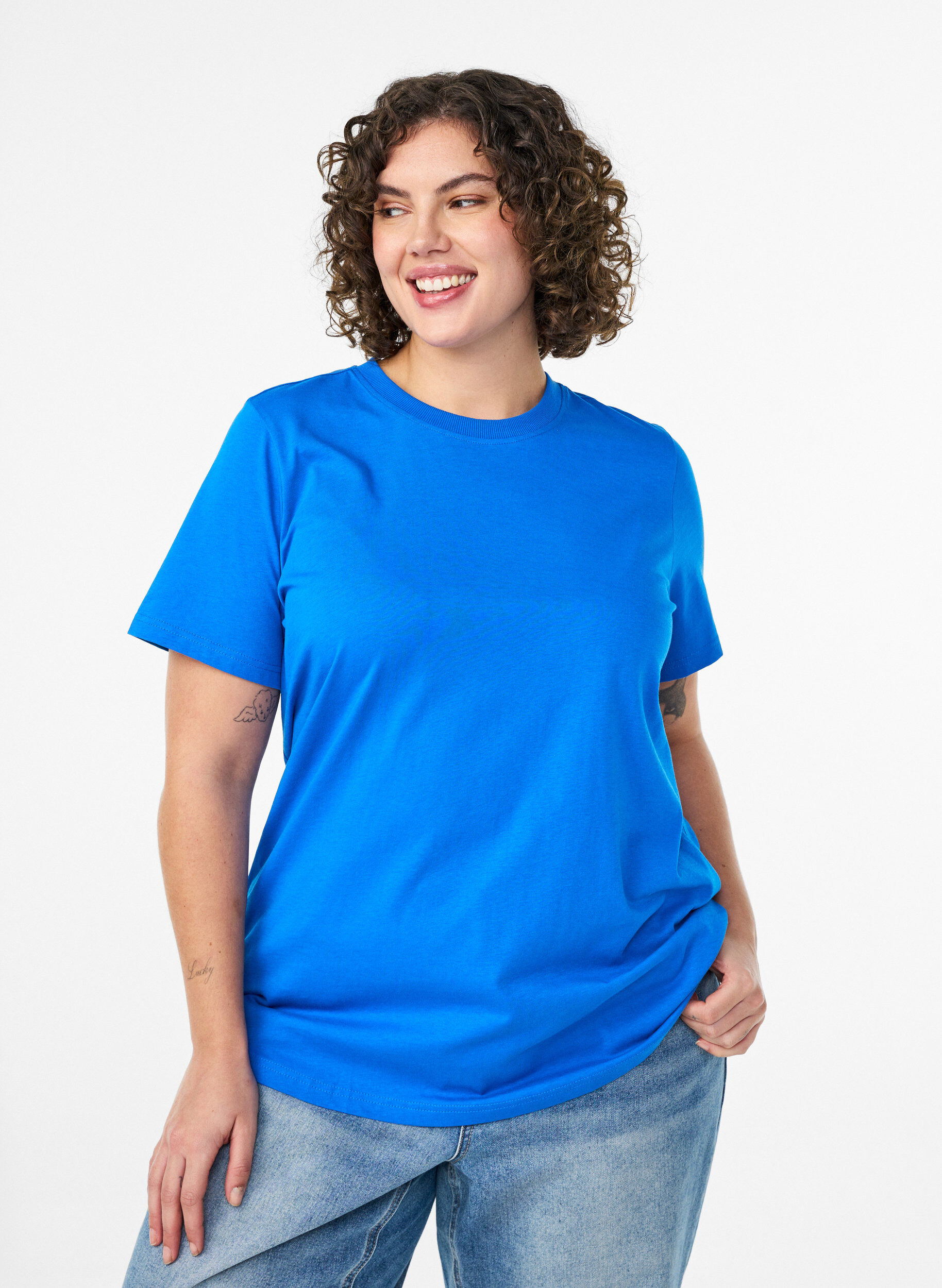 ZizziBasic katoenen T-shirt met ronde hals, Blauw, Model image number 0