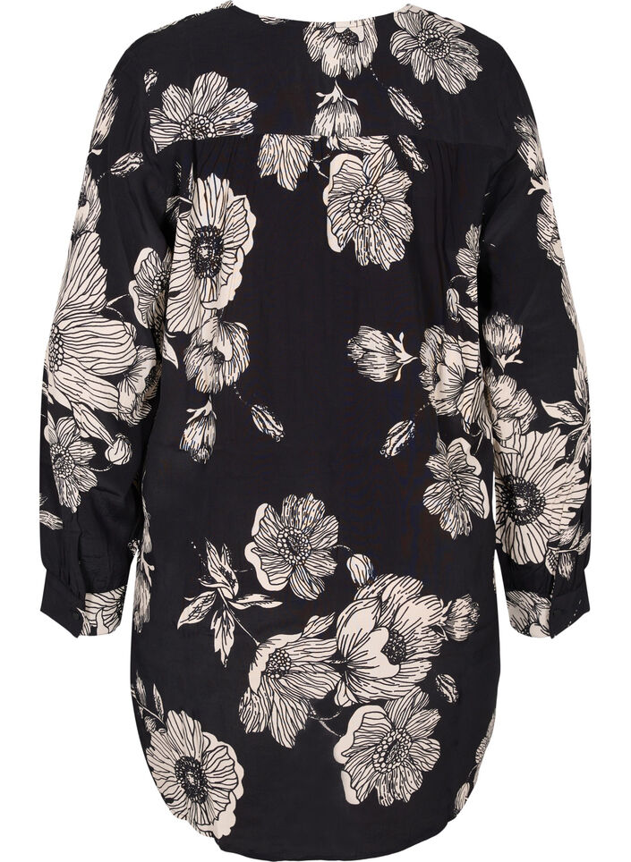 Lang gebloemd viscose shirt, Black White AOP, Packshot image number 1