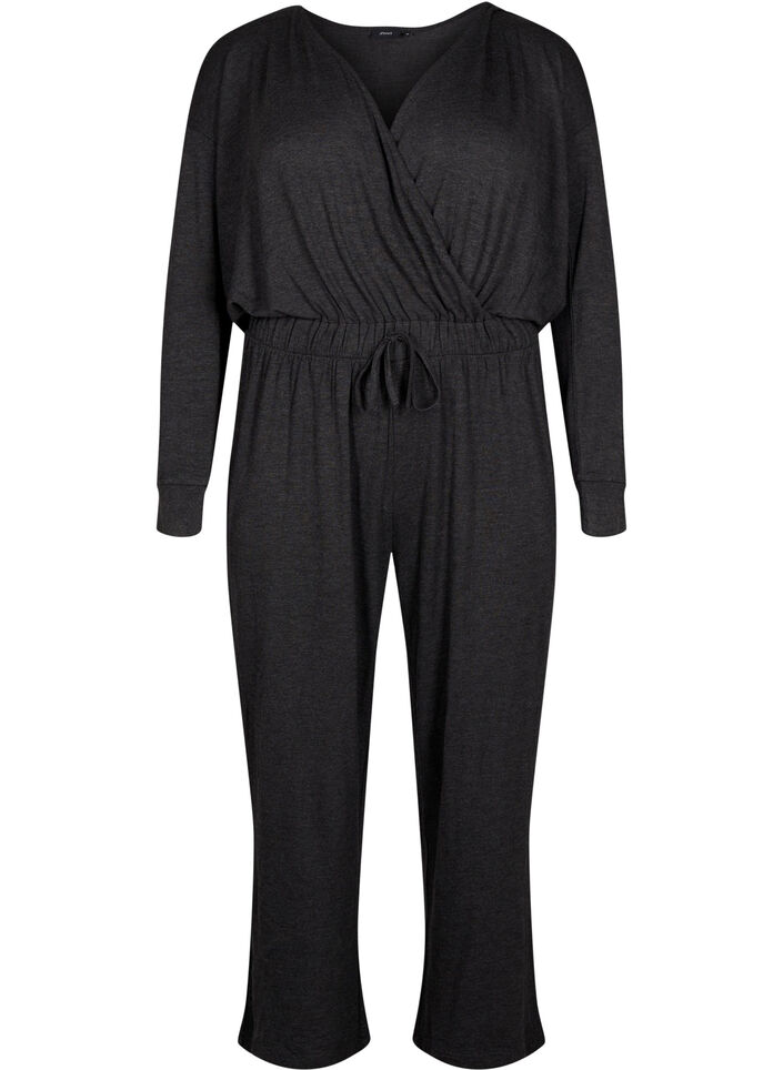 Jumpsuit met overslag en strikjes, Dark Grey Melange, Packshot image number 0