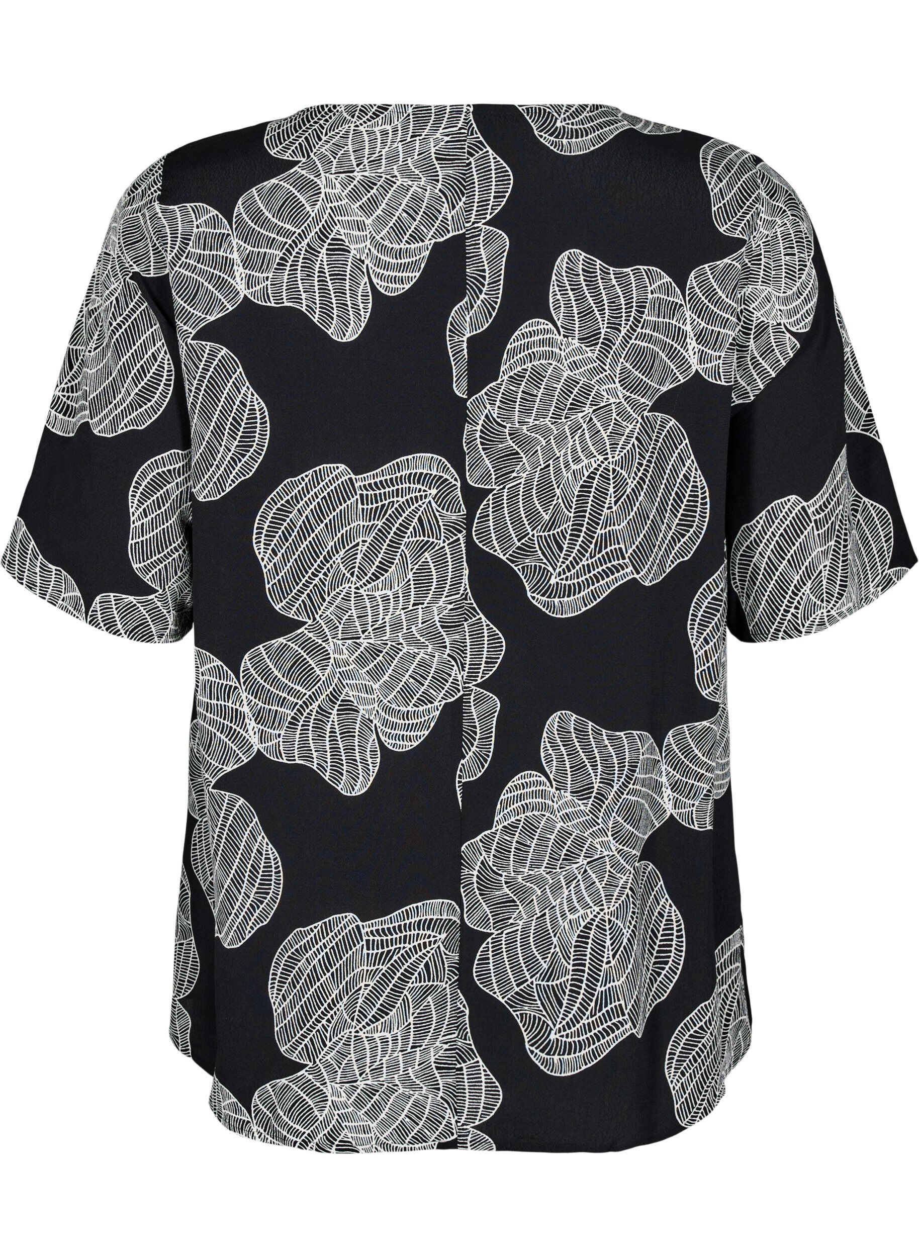Zizzi Korte mouw visrose Blouse met print, Zwart, Packshot image number 1