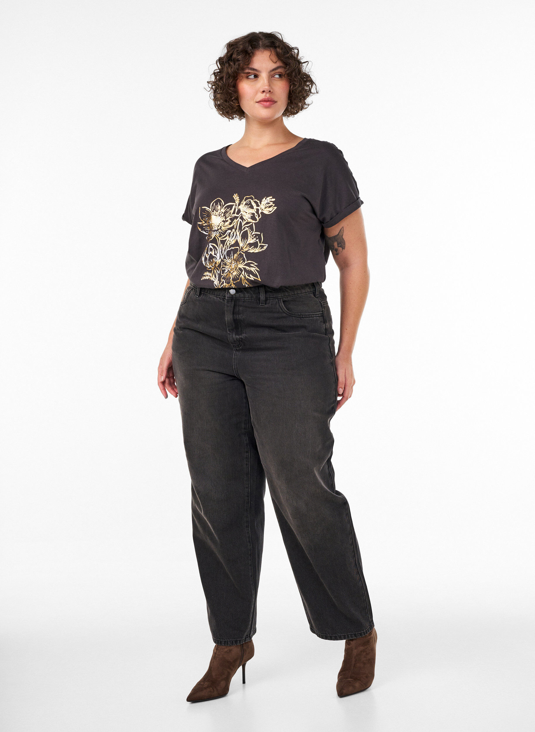 ZizziKatoenen T-shirt met goudkleurige folieprint, Grijs, Model image number 1