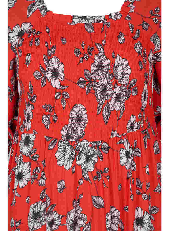 Gebloemde viscose midi-jurk met smok, Fiery Red Flower AOP, Packshot image number 2