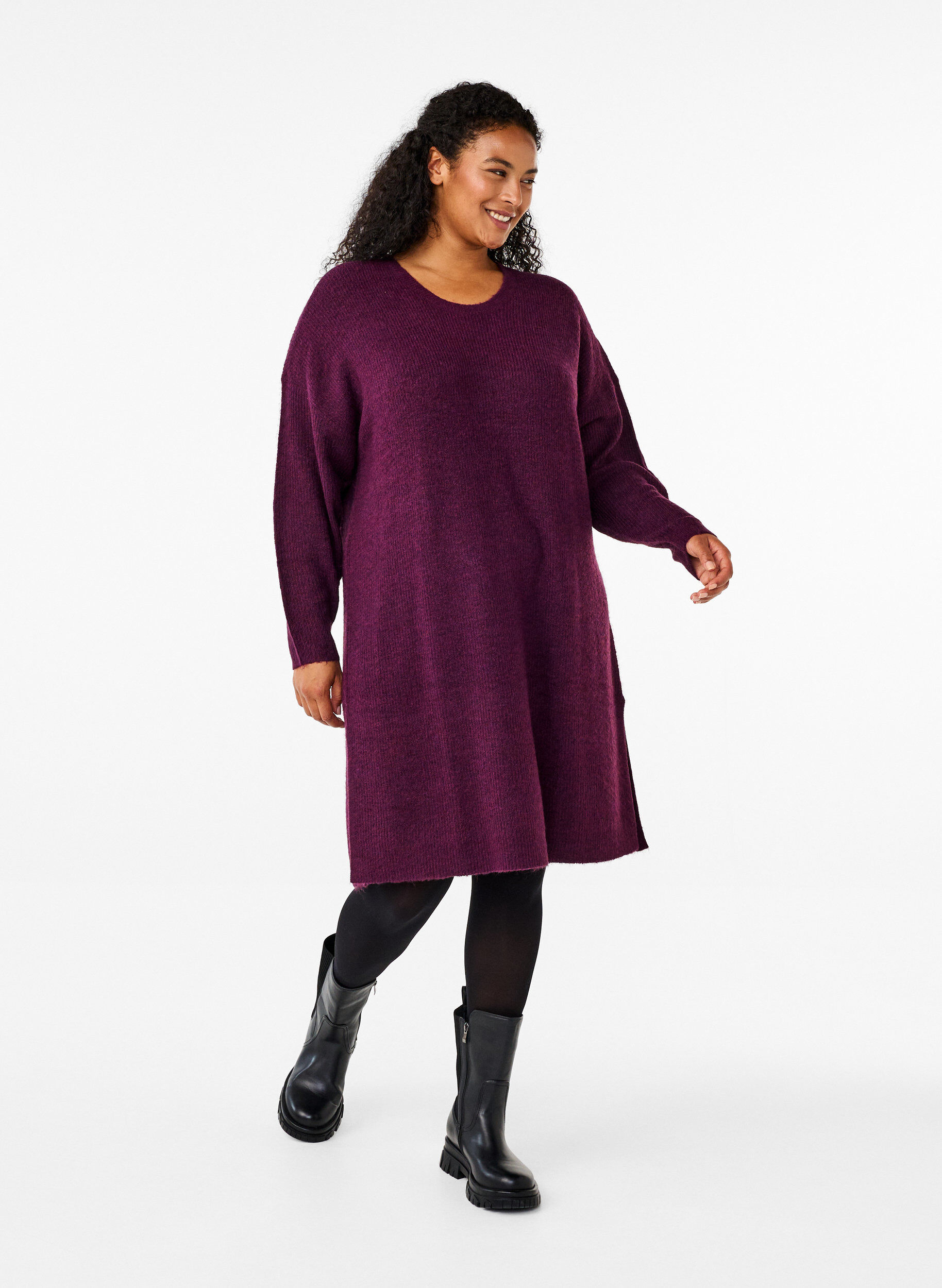 Zizzi Gebreide jurk met lange mouwen, Potent Purple Mel., Model image number 2