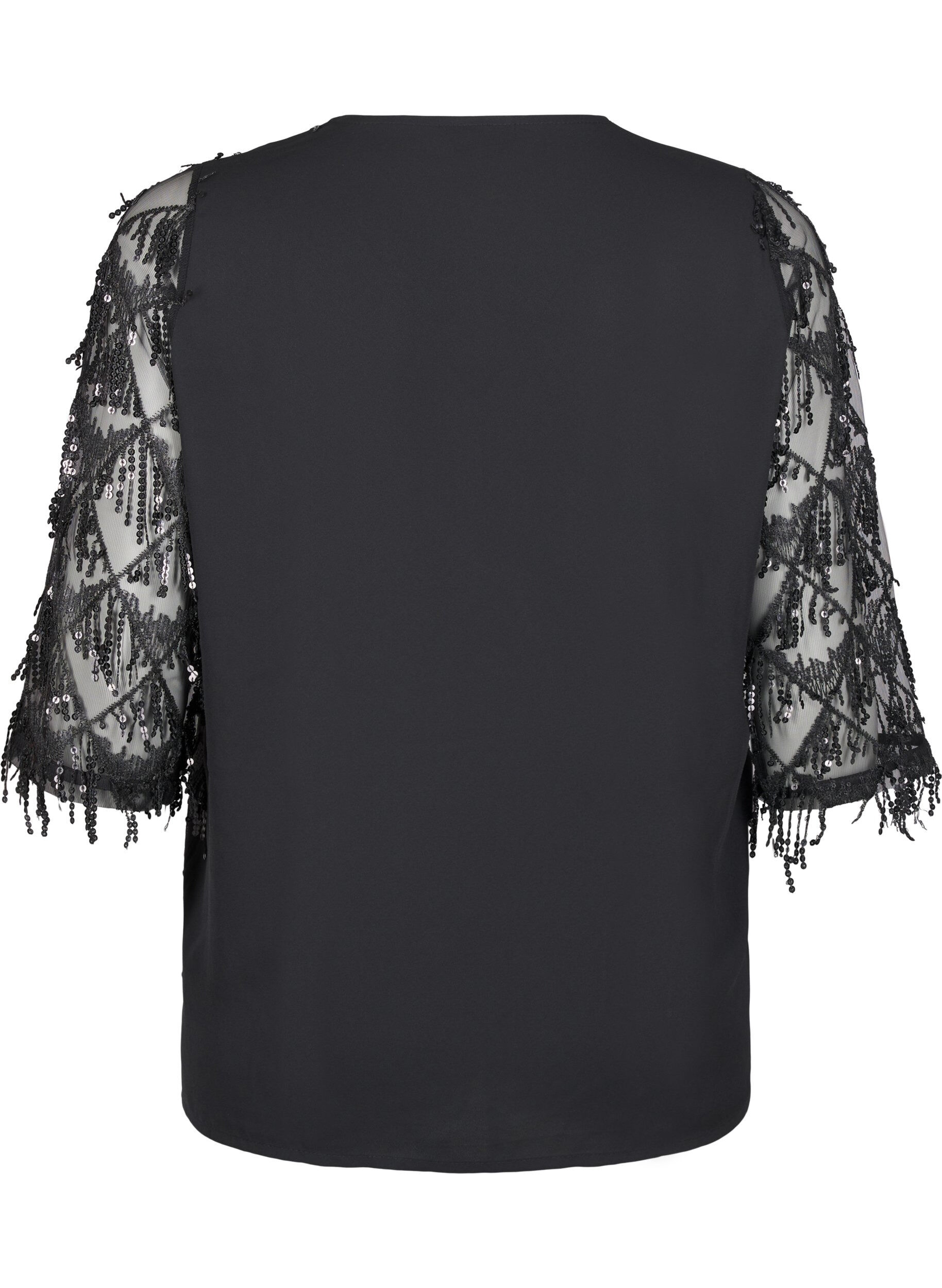 Zizzi Party blouse met pailletten franjes en 3/4 mouwen, Black, Packshot image number 1