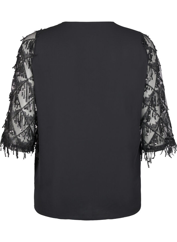 Party blouse met pailletten franjes en 3/4 mouwen, Black, Packshot image number 1