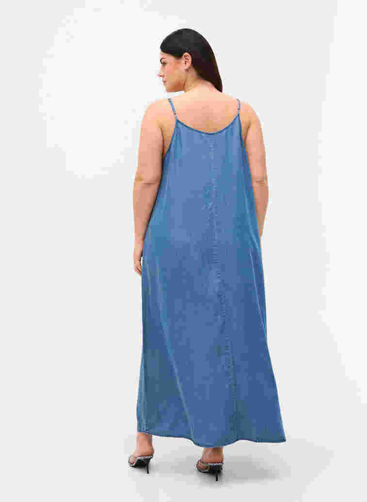 Lange denim jurk met dunne bandjes, Dark blue denim, Model image number 1