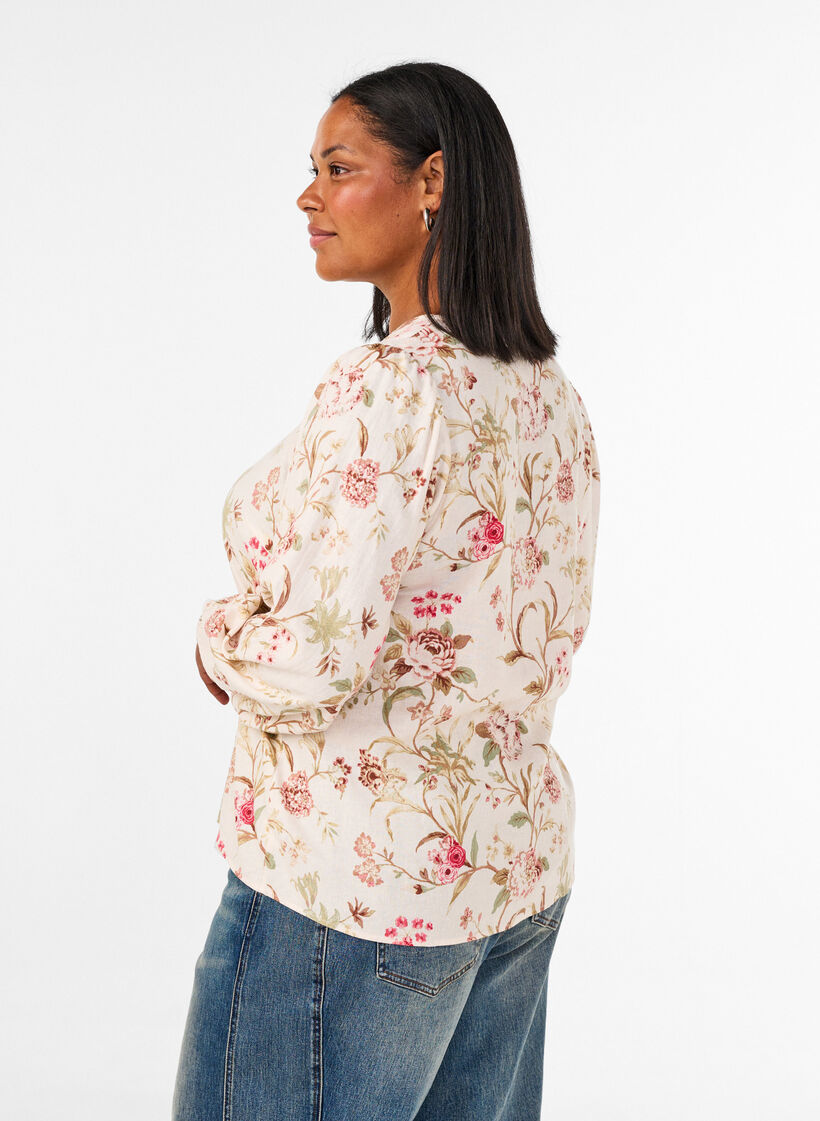 Gebloemde blouse van linnen en viscose met lange mouwen, Vanille, Model image number 2