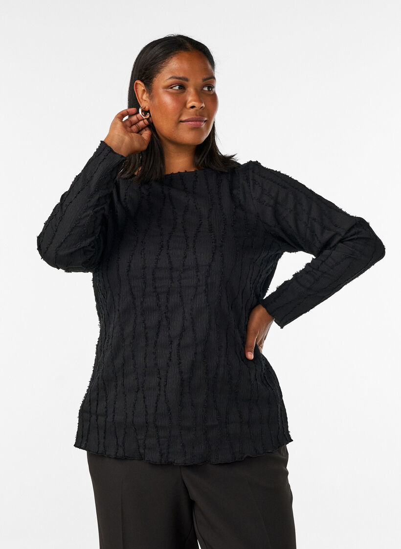 Jersey blouse met een golvende textuur, Zwart, Model image number 0