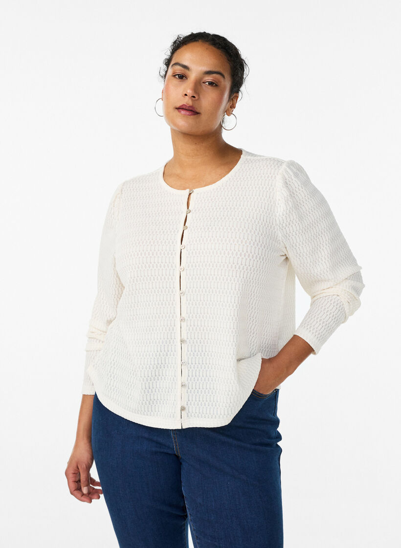 Blouse met structuurpatroon en knoopsluiting, Vanille, Model image number 0