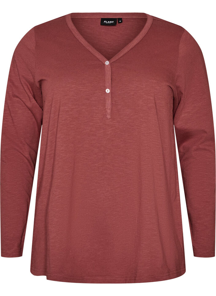T-shirt met lange mouwen, V-hals en knopen, Bruin, Packshot image number 0