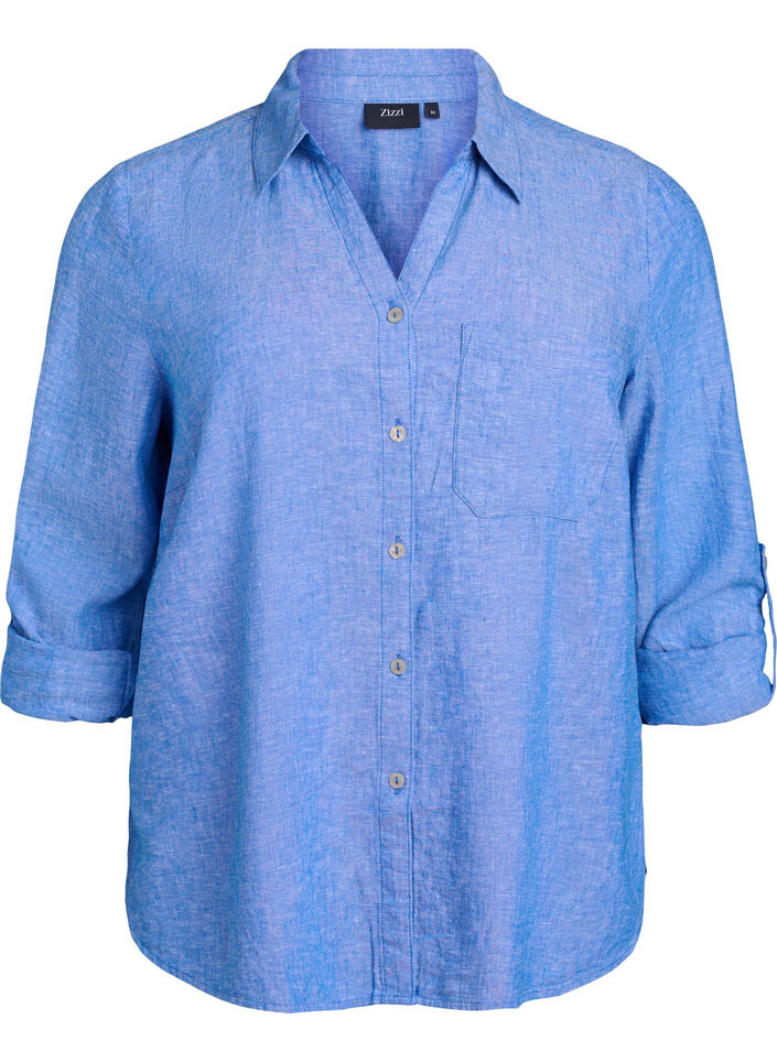Linnen en viscose shirt met 3/4 mouwen, Blauw, Packshot image number 0