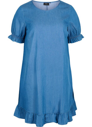 Denim jurk in katoen met korte mouwen, Blue denim, Packshot image number 0