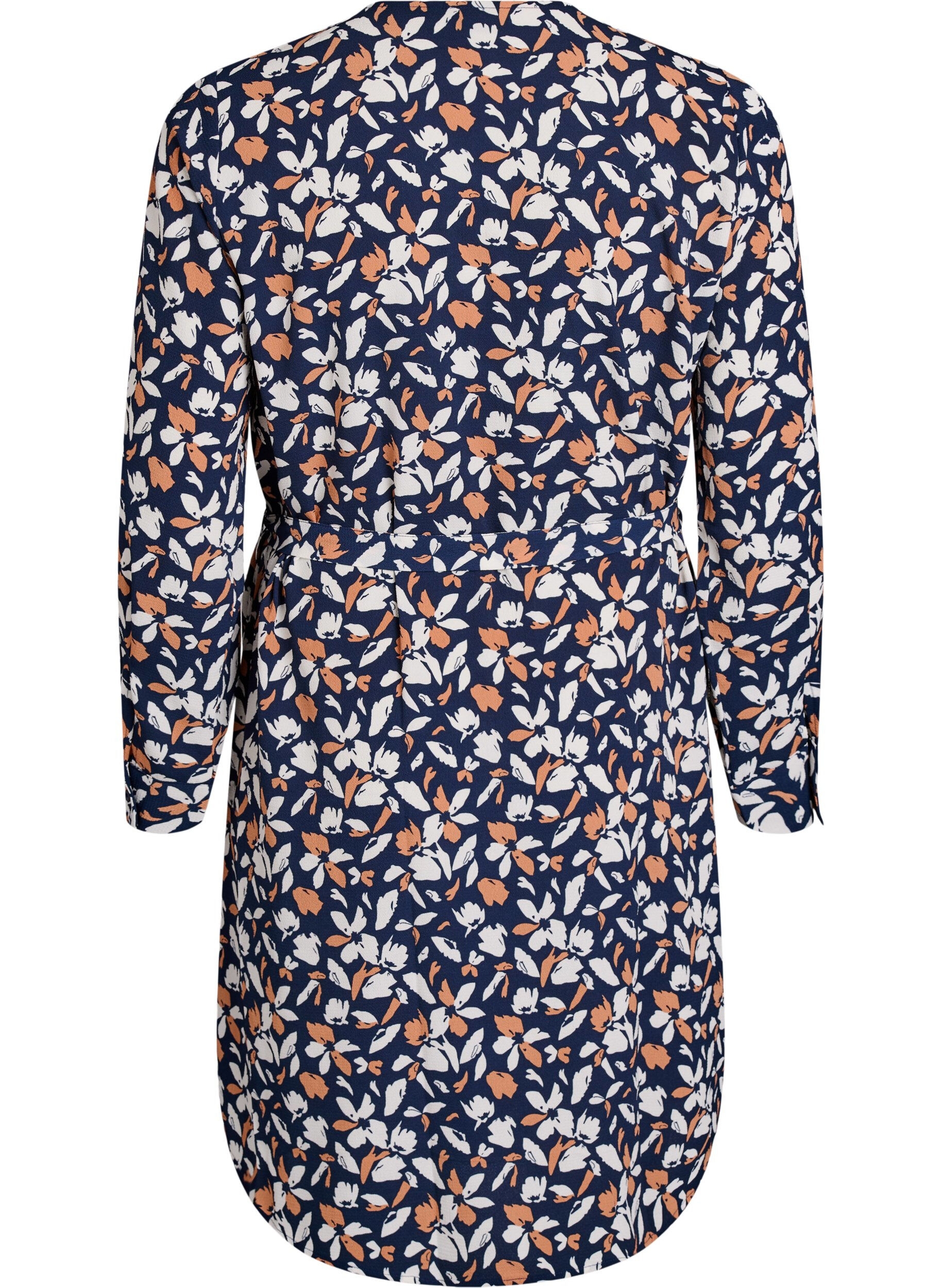 Zizzi Lang&auml;rmelige overhemdjurk met strikceintuur, Blauw, Packshot image number 1