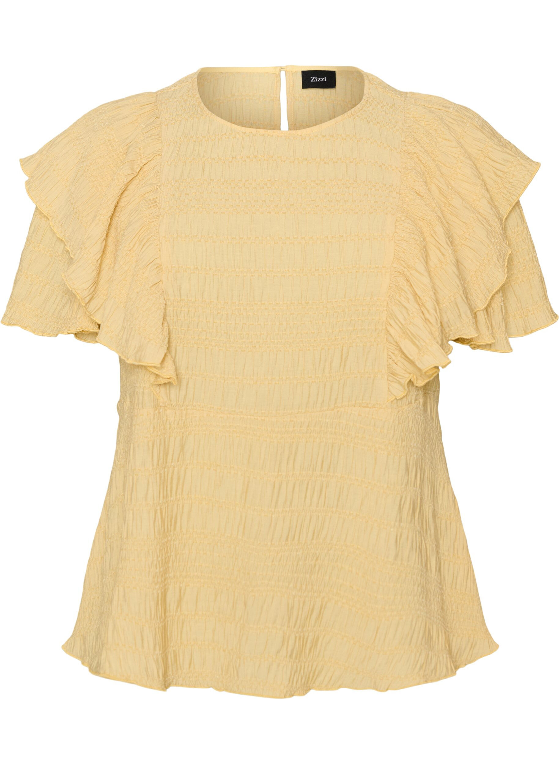 ZizziBlouse met smockstructuur en ruchesmouwen, Geel, Packshot image number 0