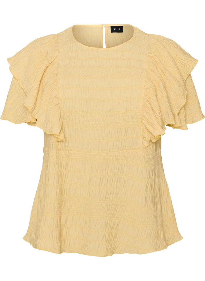 Blouse met smockstructuur en ruchesmouwen, Geel, Packshot image number 0