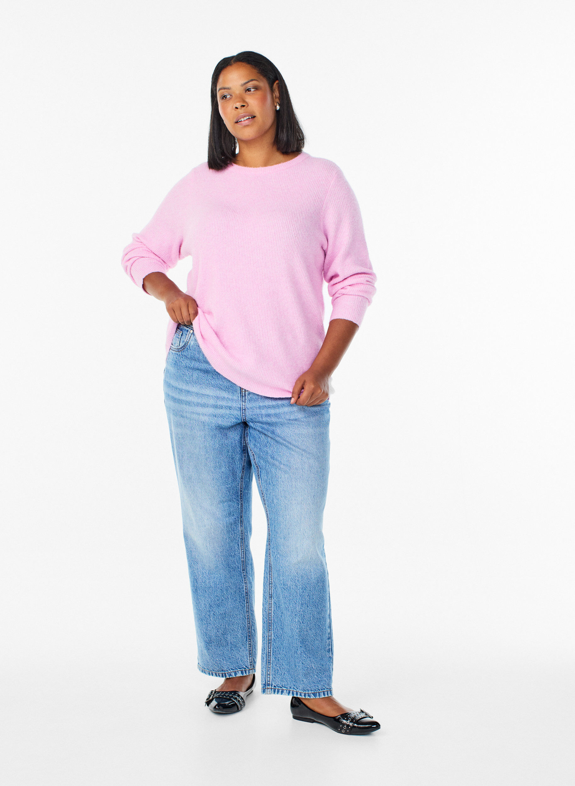 ZizziGem&ecirc;leerde gebreide blouse met ronde hals, Roze, Model image number 1