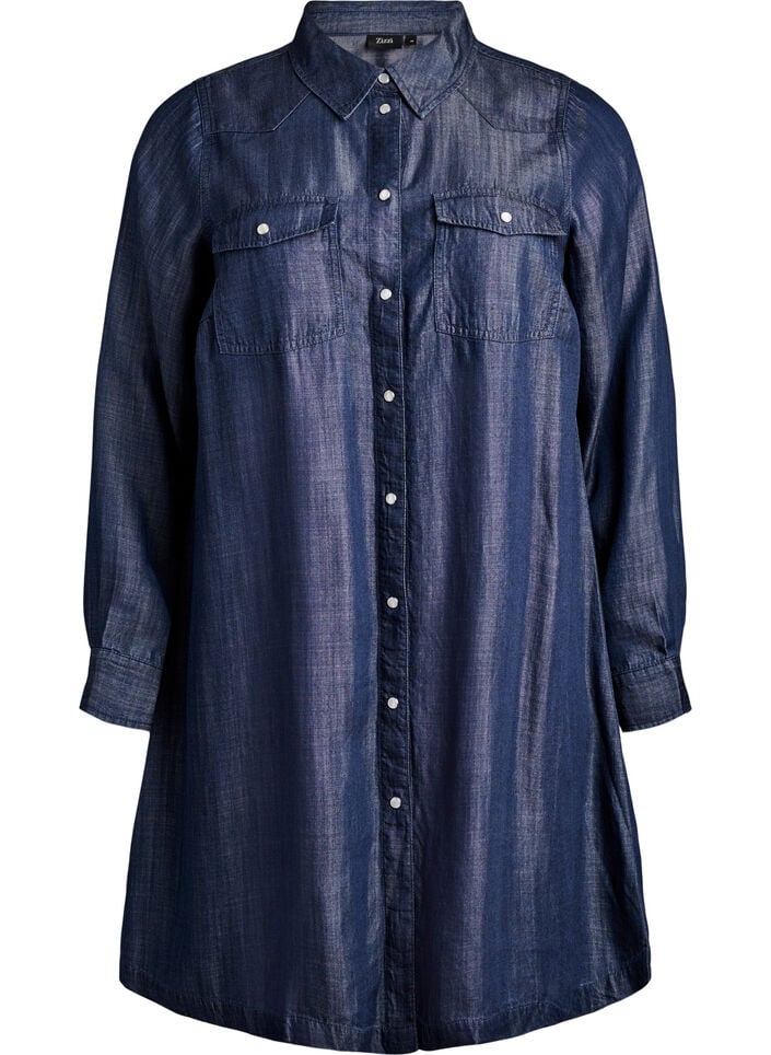 Korte denimjurk in lyocell met drukkers, Blauw, Packshot image number 0
