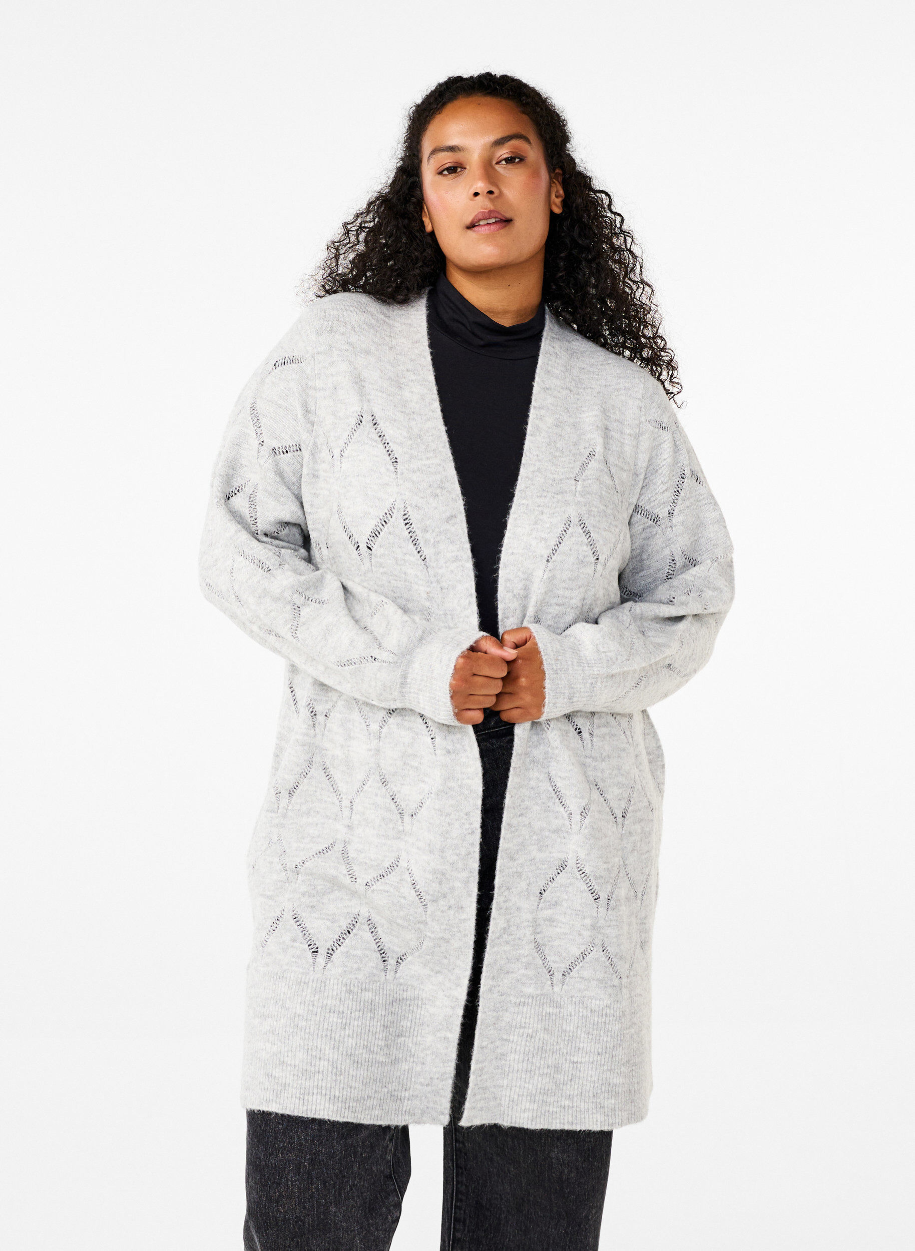 Zizzi Gebreid vest met lange mouwen, Light Grey Melange, Model image number 0