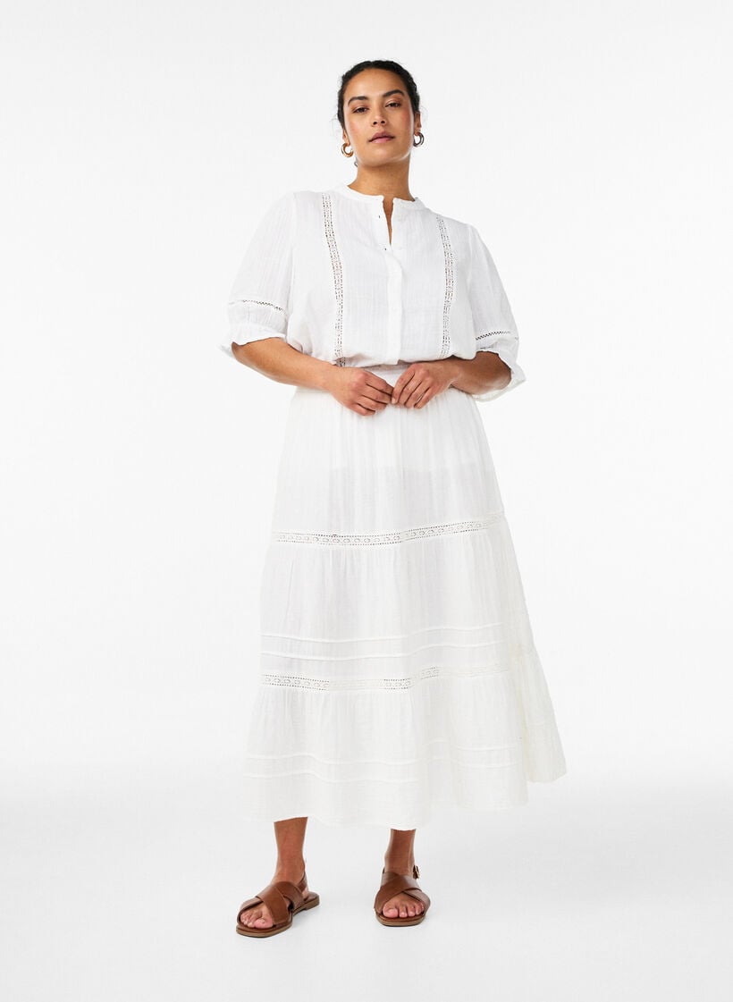A-line midi skirt in cotton muslin with crochet band, Wit, Model image number 0