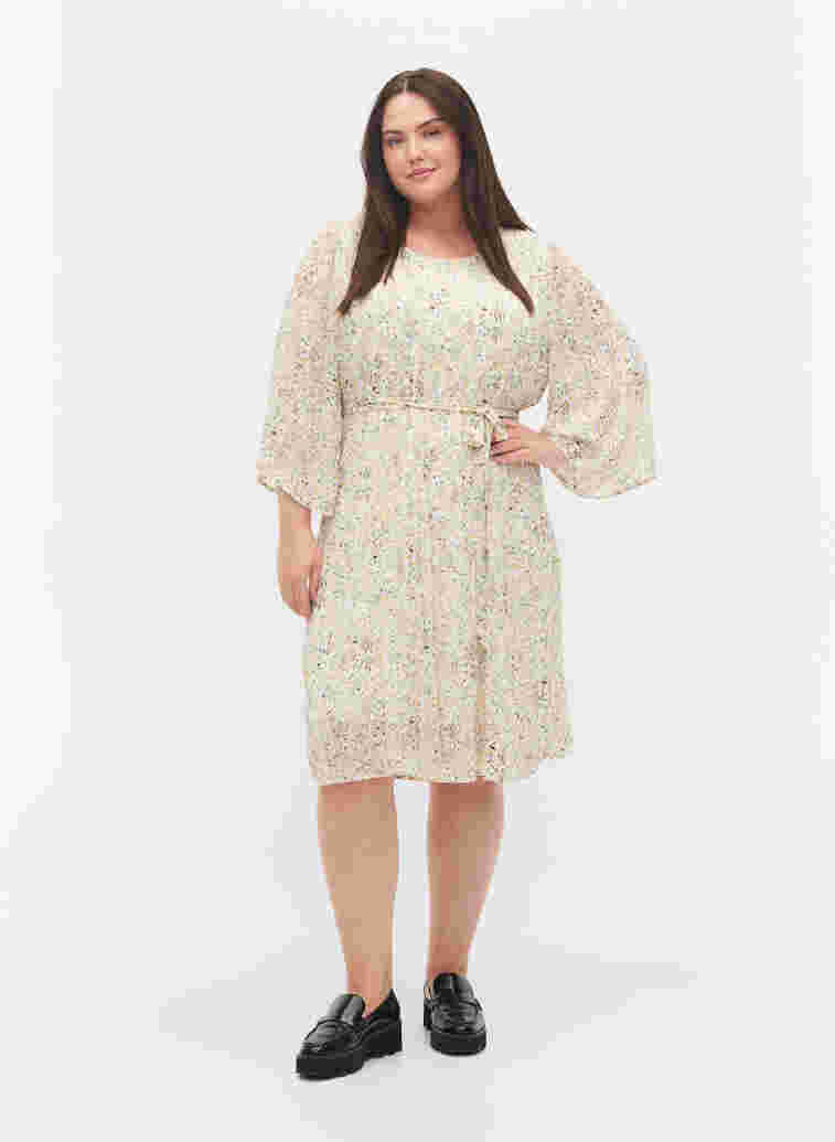 Geplooide jurk met strikceintuur, Icicle Flower AOP, Model image number 2