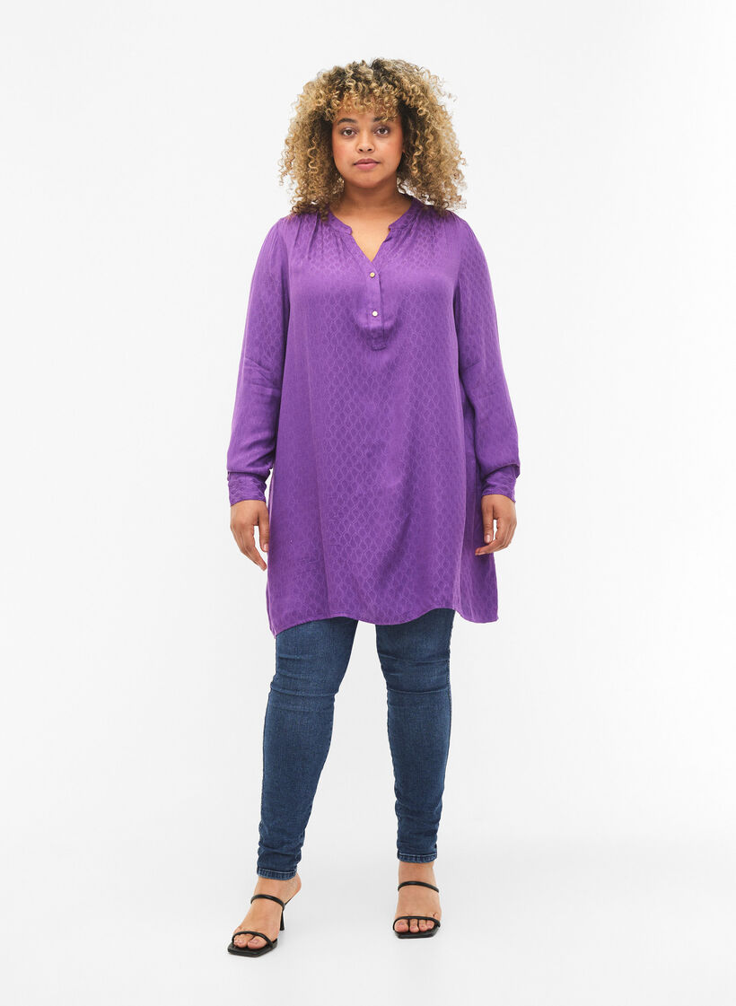 Viscose tuniek met Ton sur Ton patroon, Lavender Violet, Model image number 2