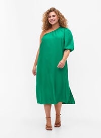 One-shoulder jurk van viscose, Deep Mint, Model