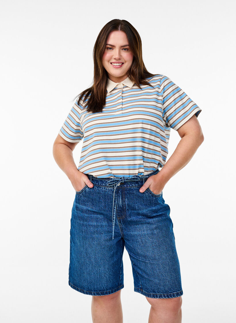 Strakke pasvorm denim shorts met strikriem, Blauw, Model image number 0