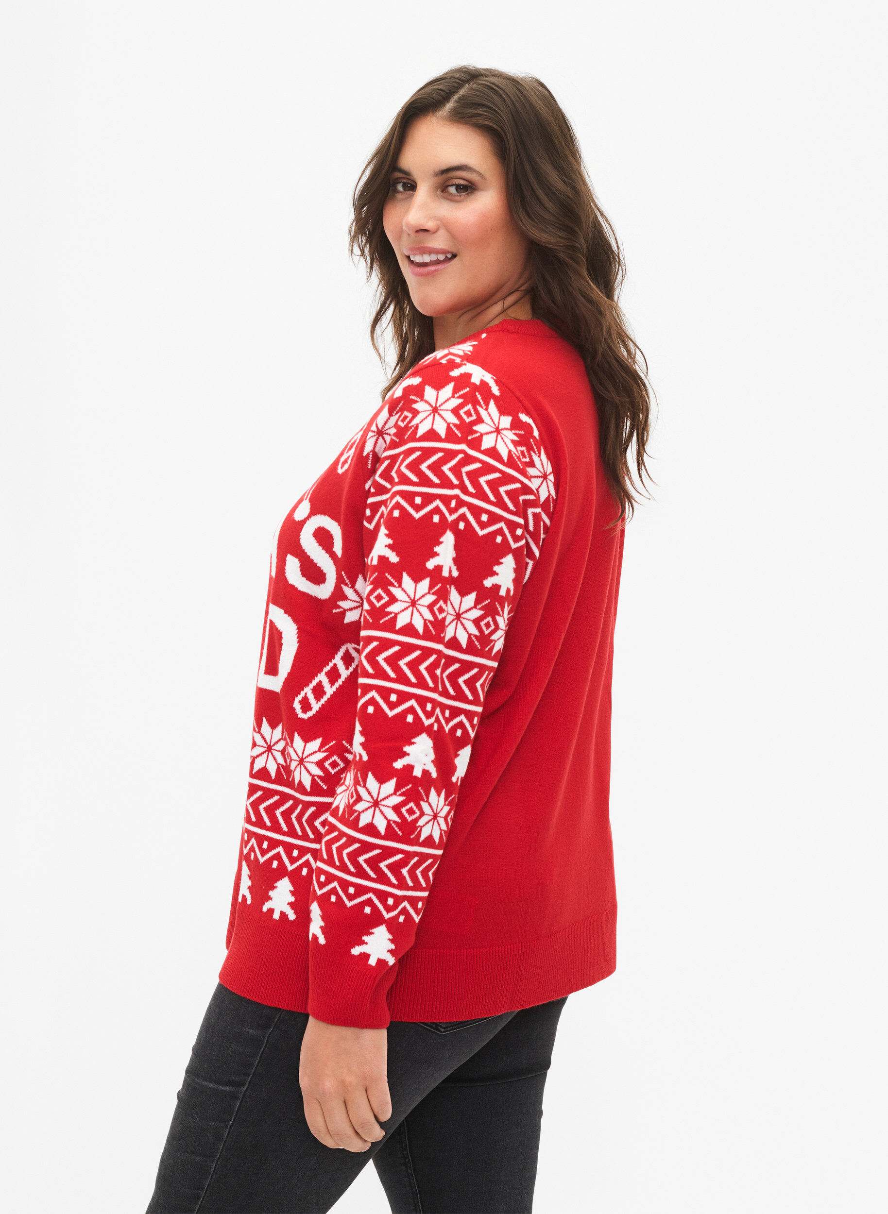 Zizzi Trui met kerstpatroon, Tango Red, Model image number 1