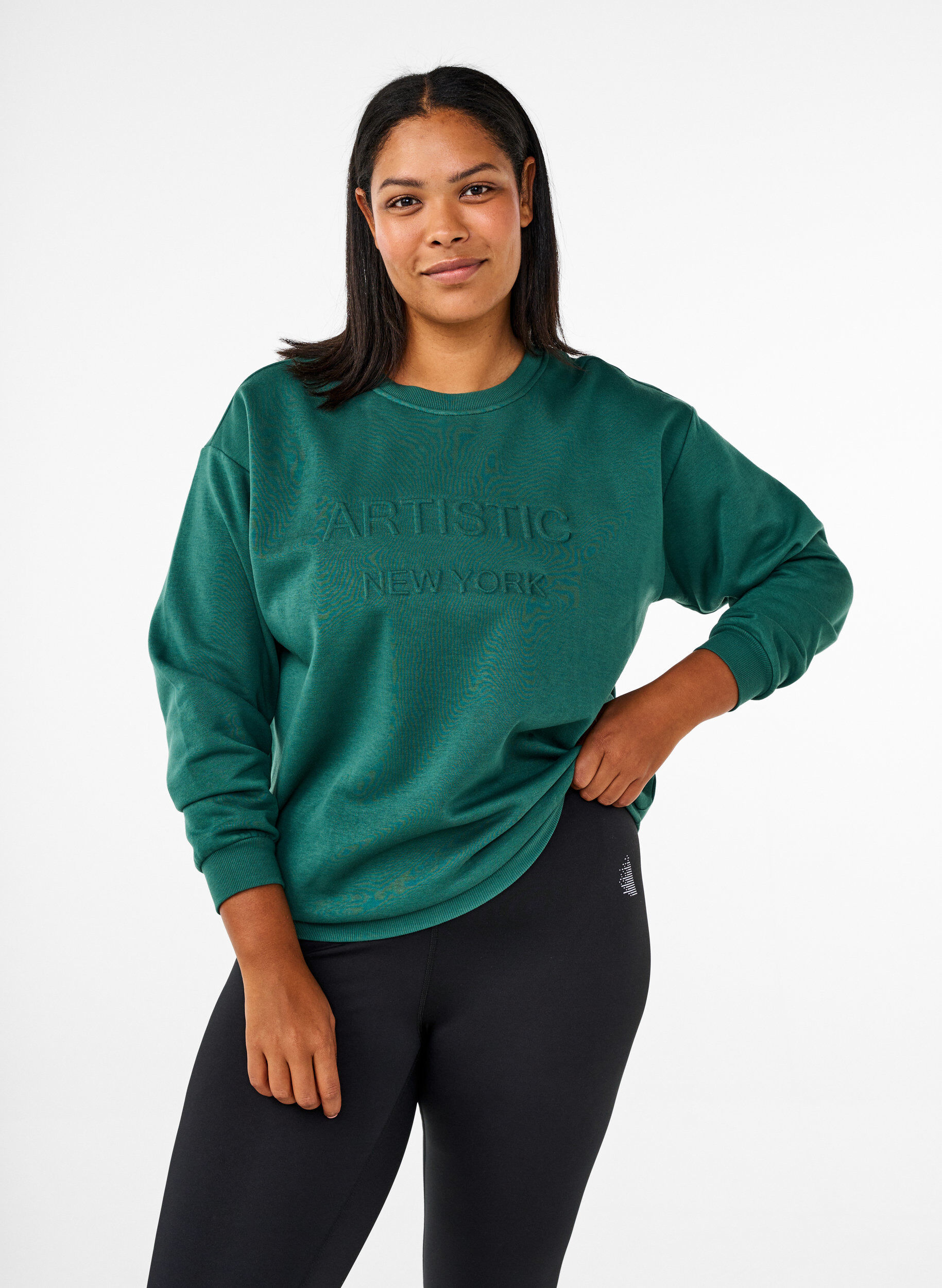 Zizzi Sweatshirt met badstof tekst, Groen, Model image number 0