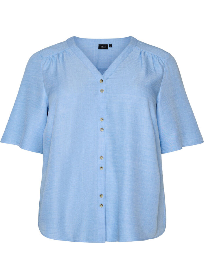 Overhemd blouse met V-hals en korte mouwen, Blauw, Packshot image number 0