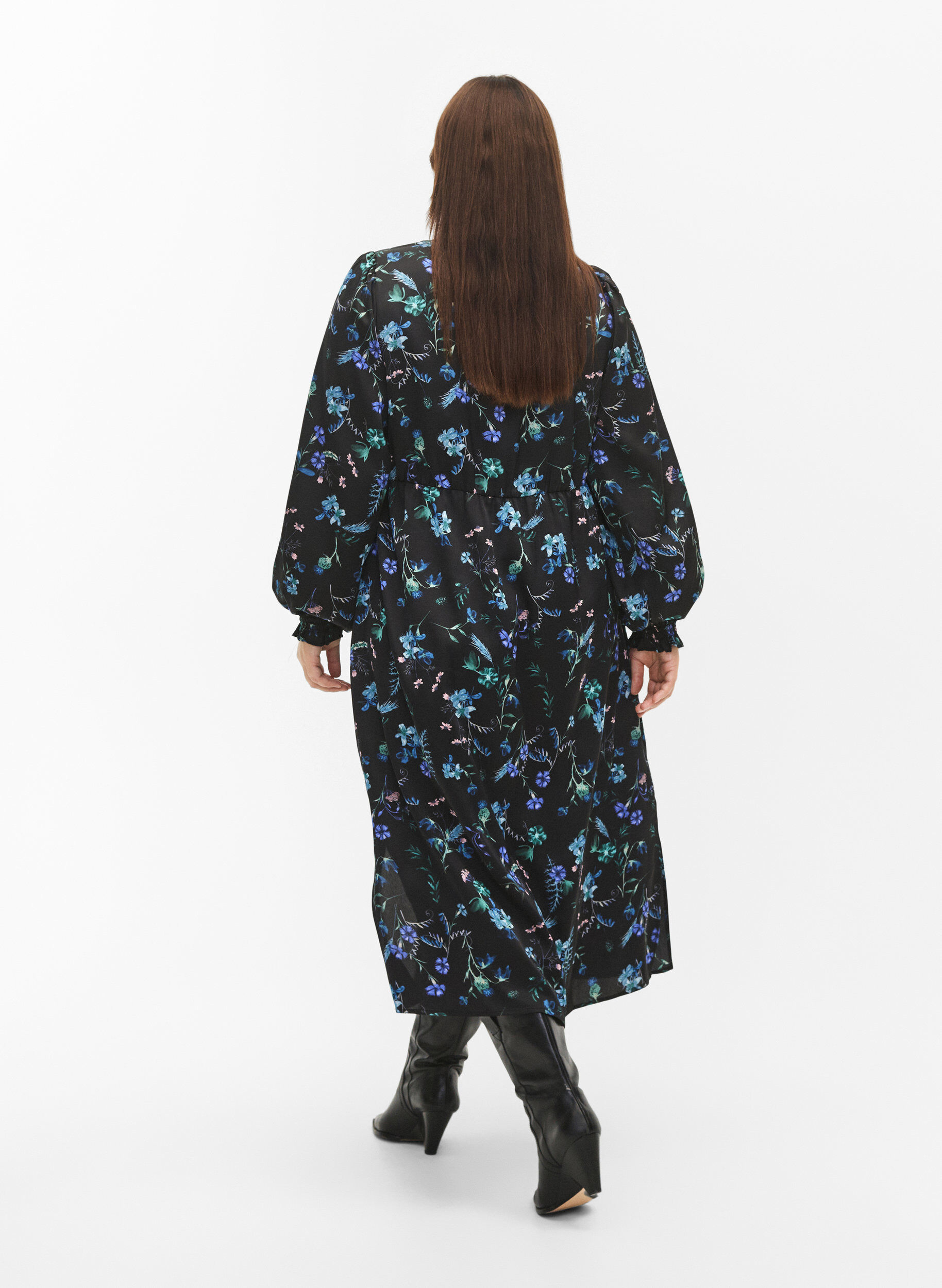 Zizzi Midi-jurk met lange mouwen en bloemenprint, Blue Flower AOP, Model image number 1