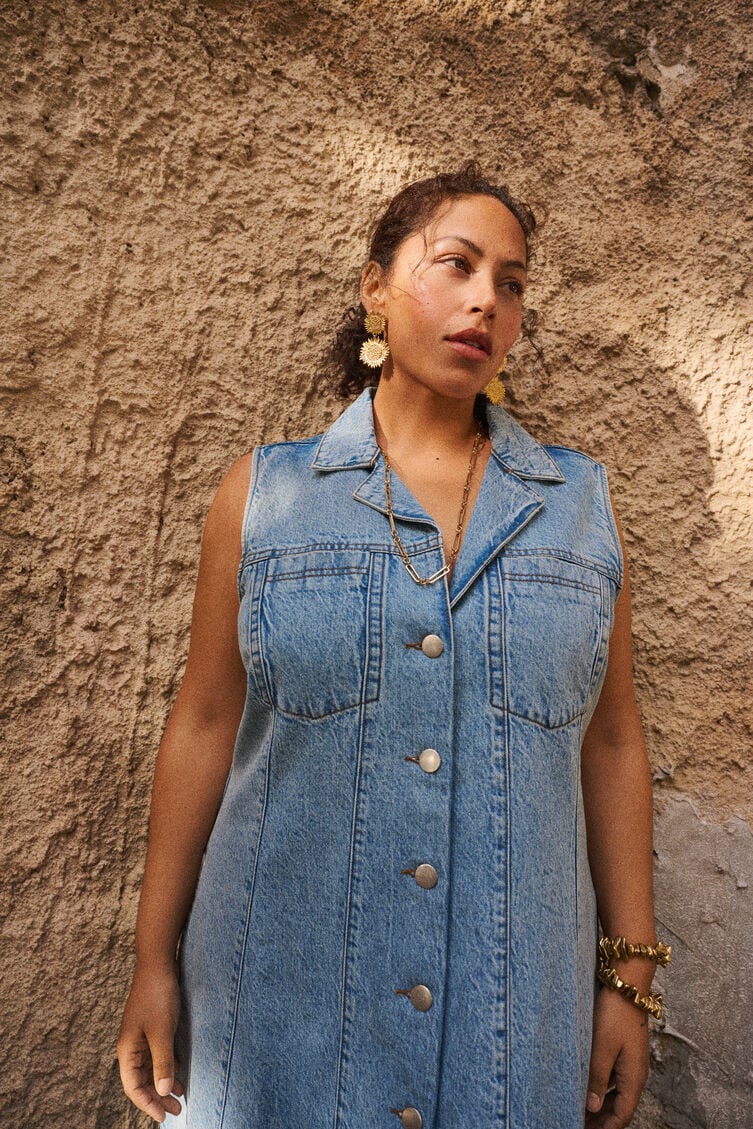 Denim jurk zonder mouwen, , Model