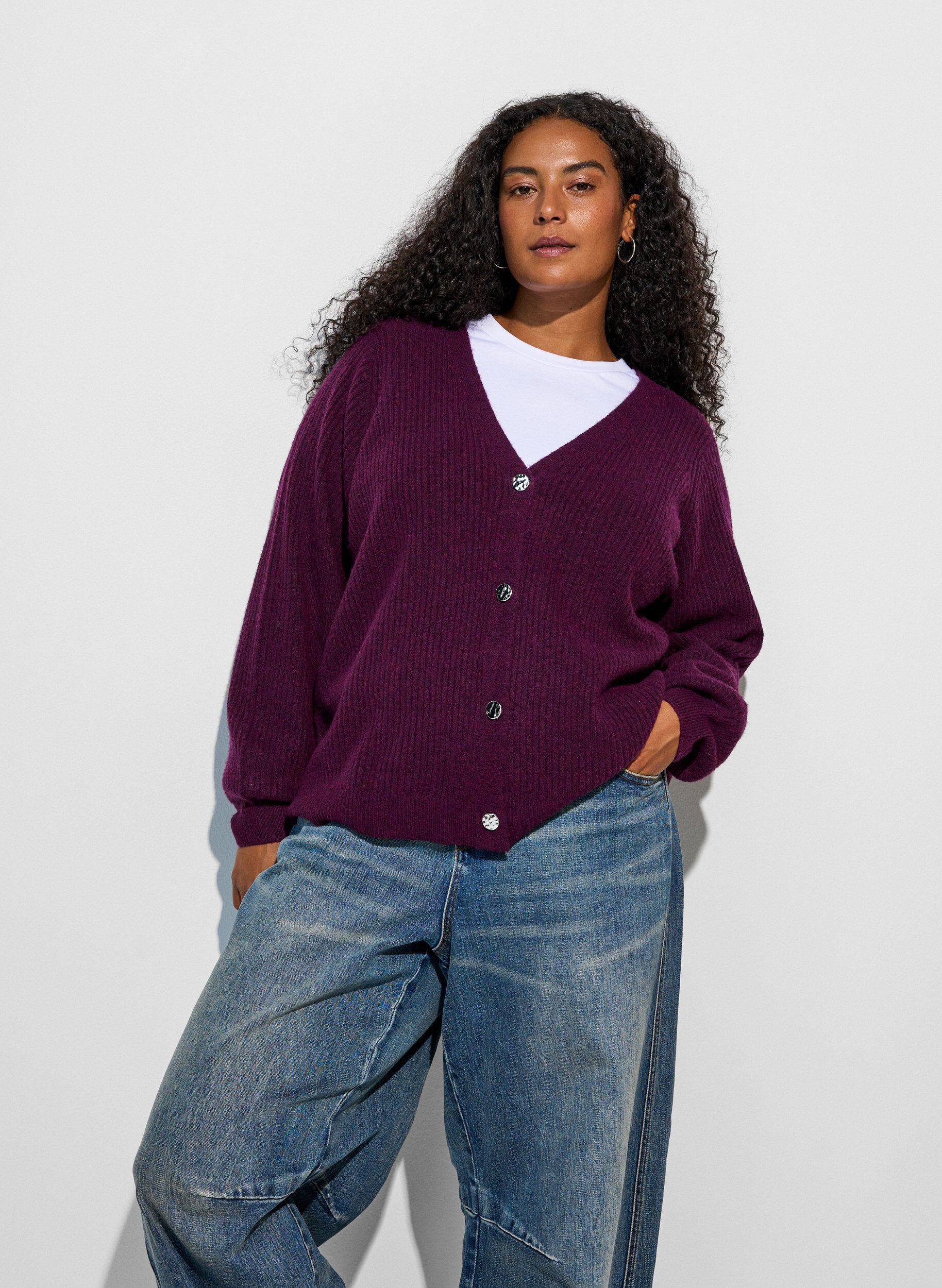 ZizziVest met V-hals en ribstructuur, Paars, Model image number 0