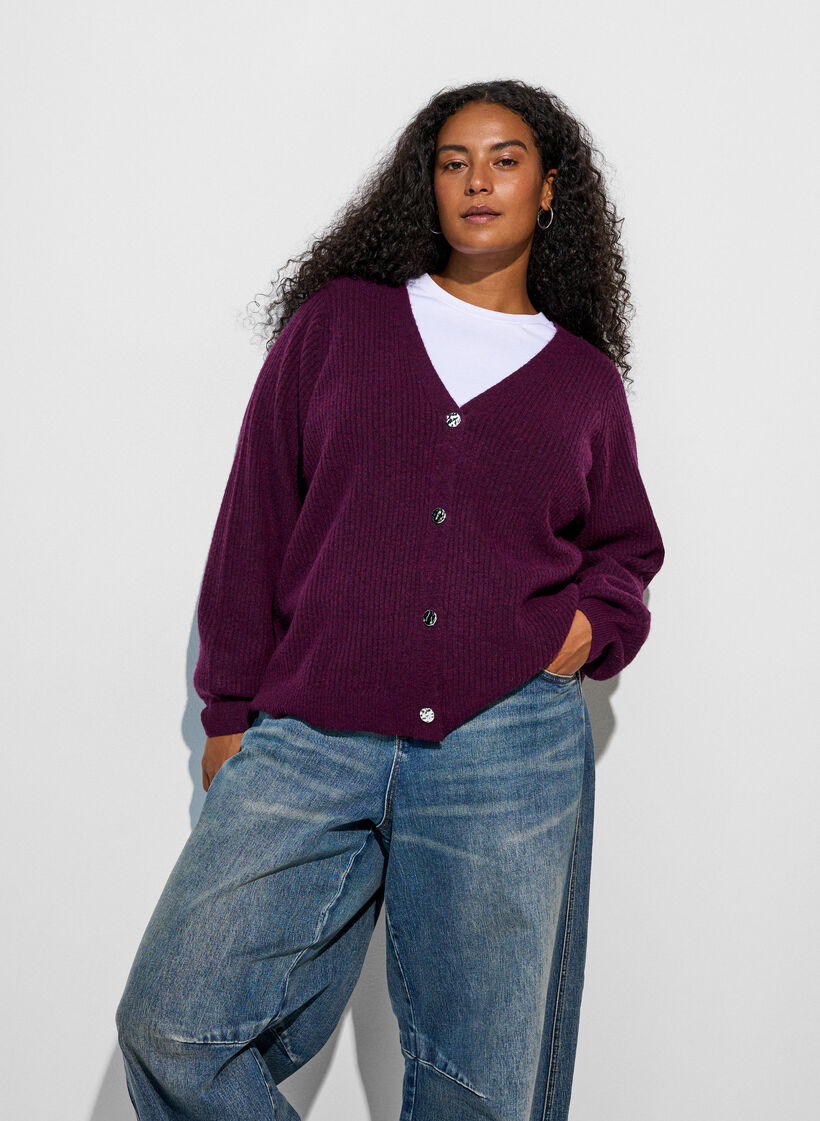 Vest met V-hals en ribstructuur, Paars, Model image number 0