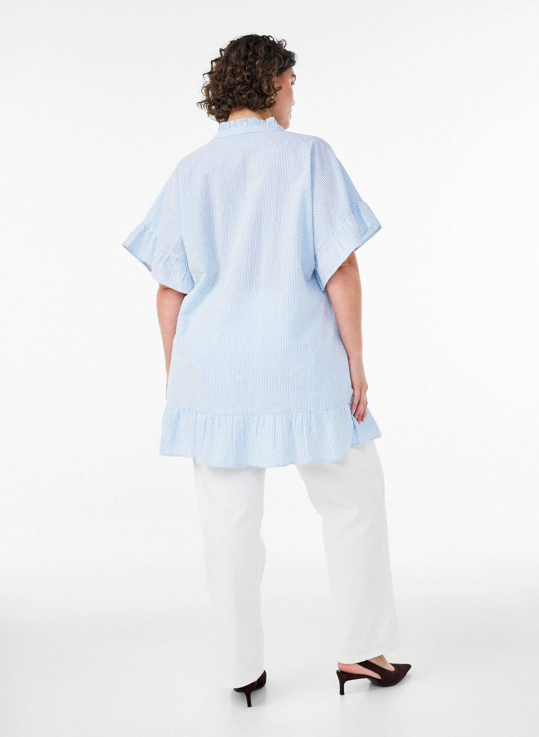 ZizziKatoenen tuniek met strepen en ruchesdetails, Blauw, Model image number 2