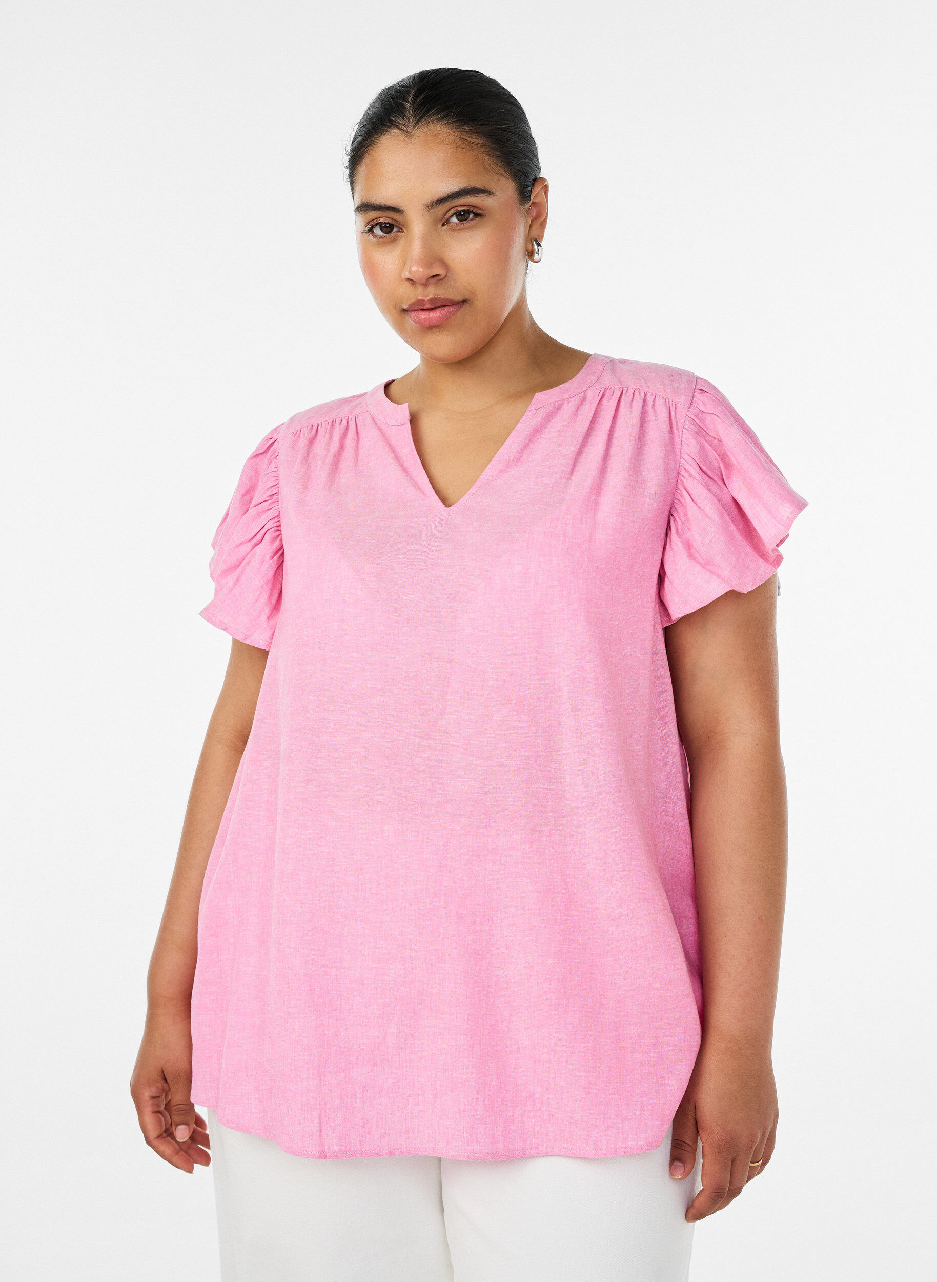 ZizziViscose en linnen blouse met ruches aan de mouwen, Roze, Model image number 0