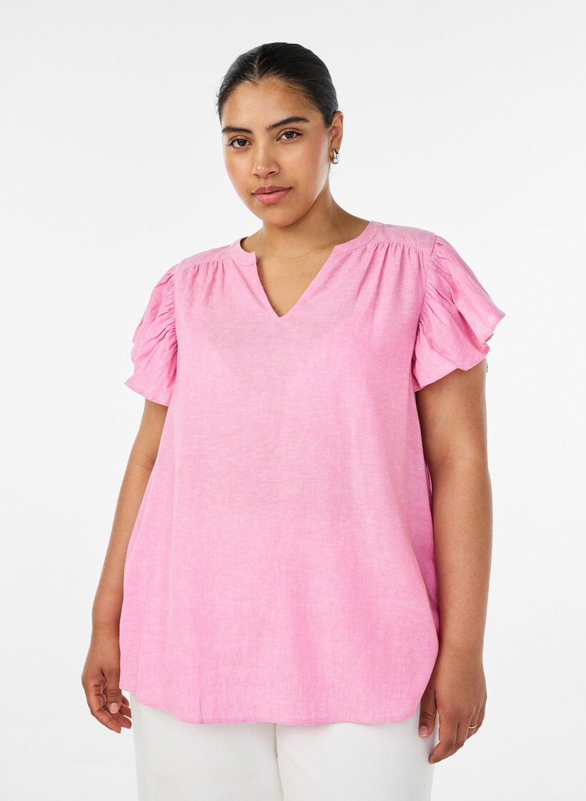 Viscose en linnen blouse met ruches aan de mouwen, Roze, Model image number 0