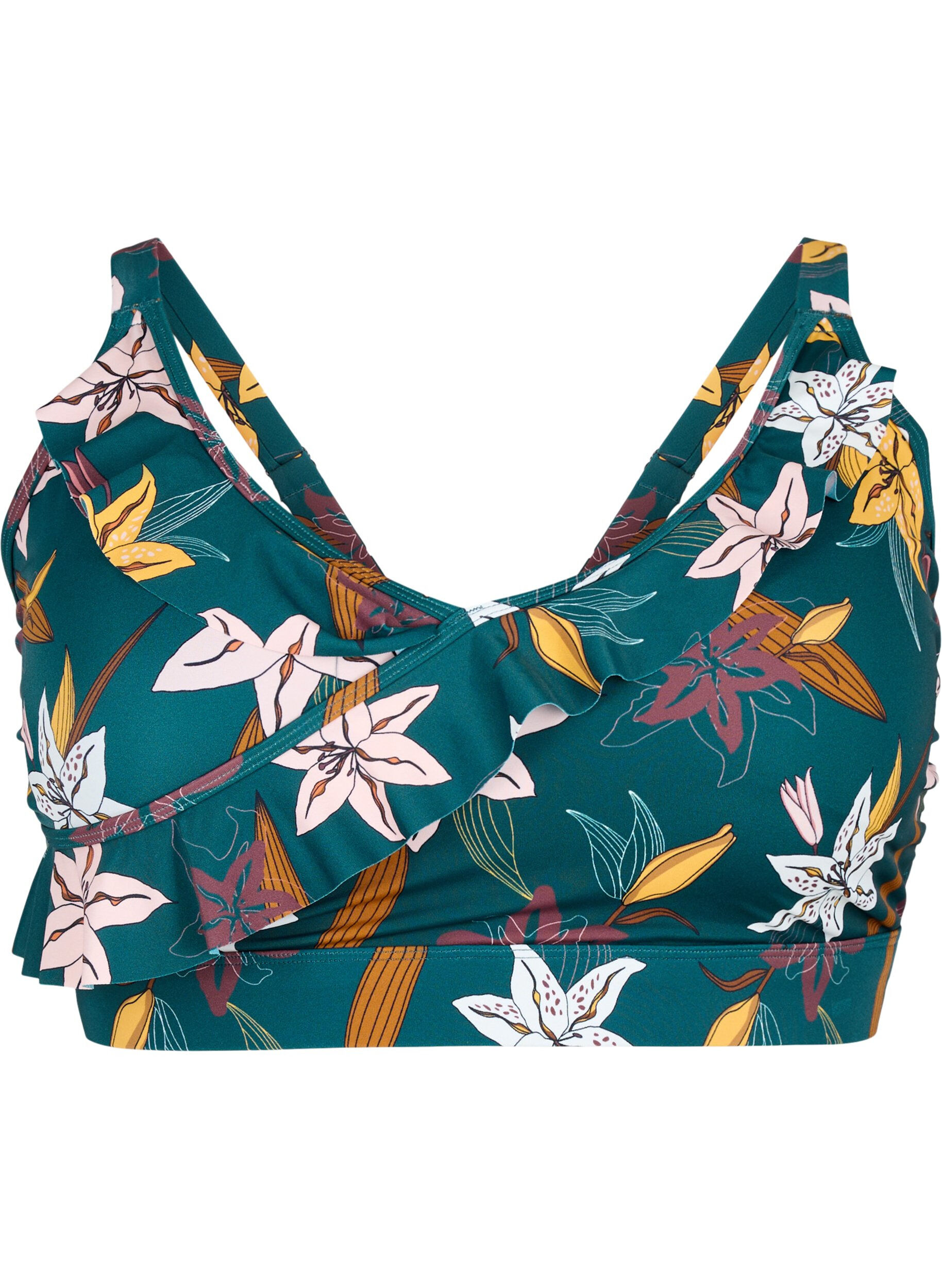 ZizziGebloemde bikinibeha met ruches, Groen, Packshot image number 0
