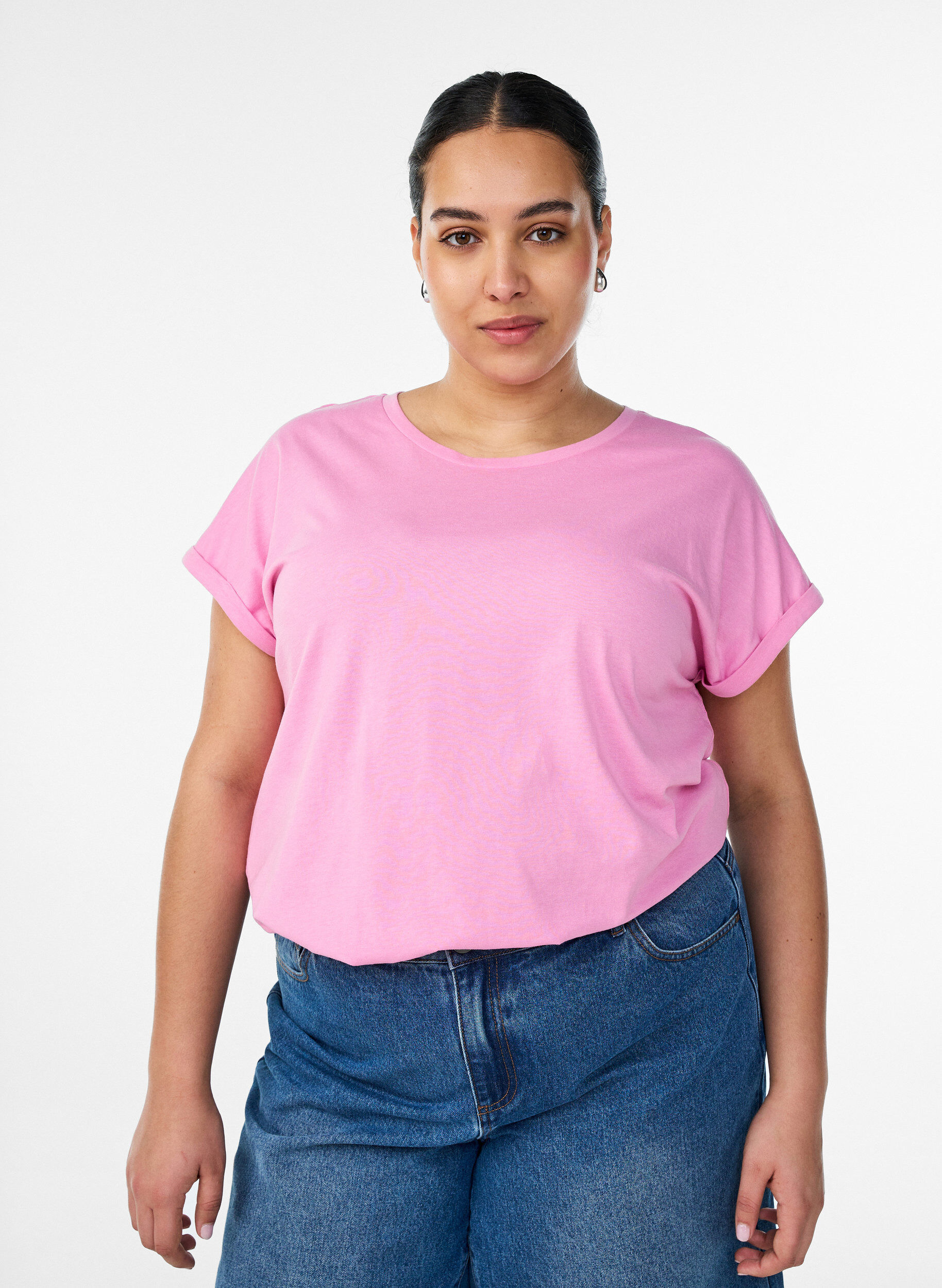 T-shirt met korte mouwen van katoenmix, Roze, Model