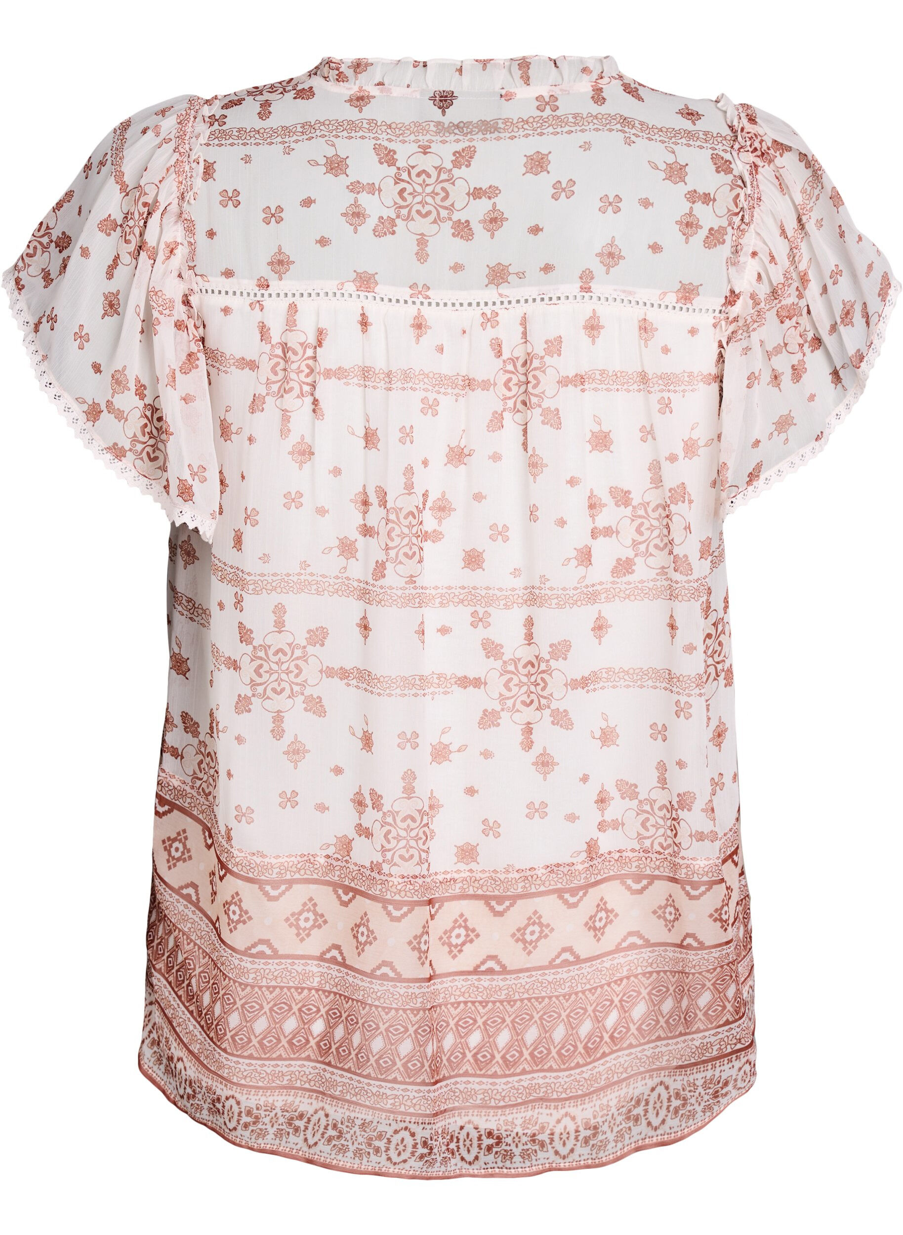 Zizzi Blouse met patroon, ruches en korte mouwen, Vanille, Packshot image number 1