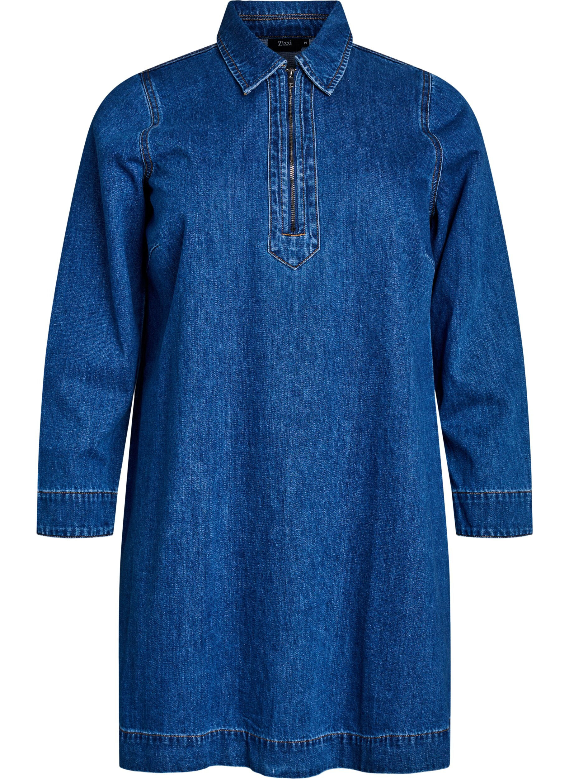 Korte denimjurk met ritssluiting en kraagje