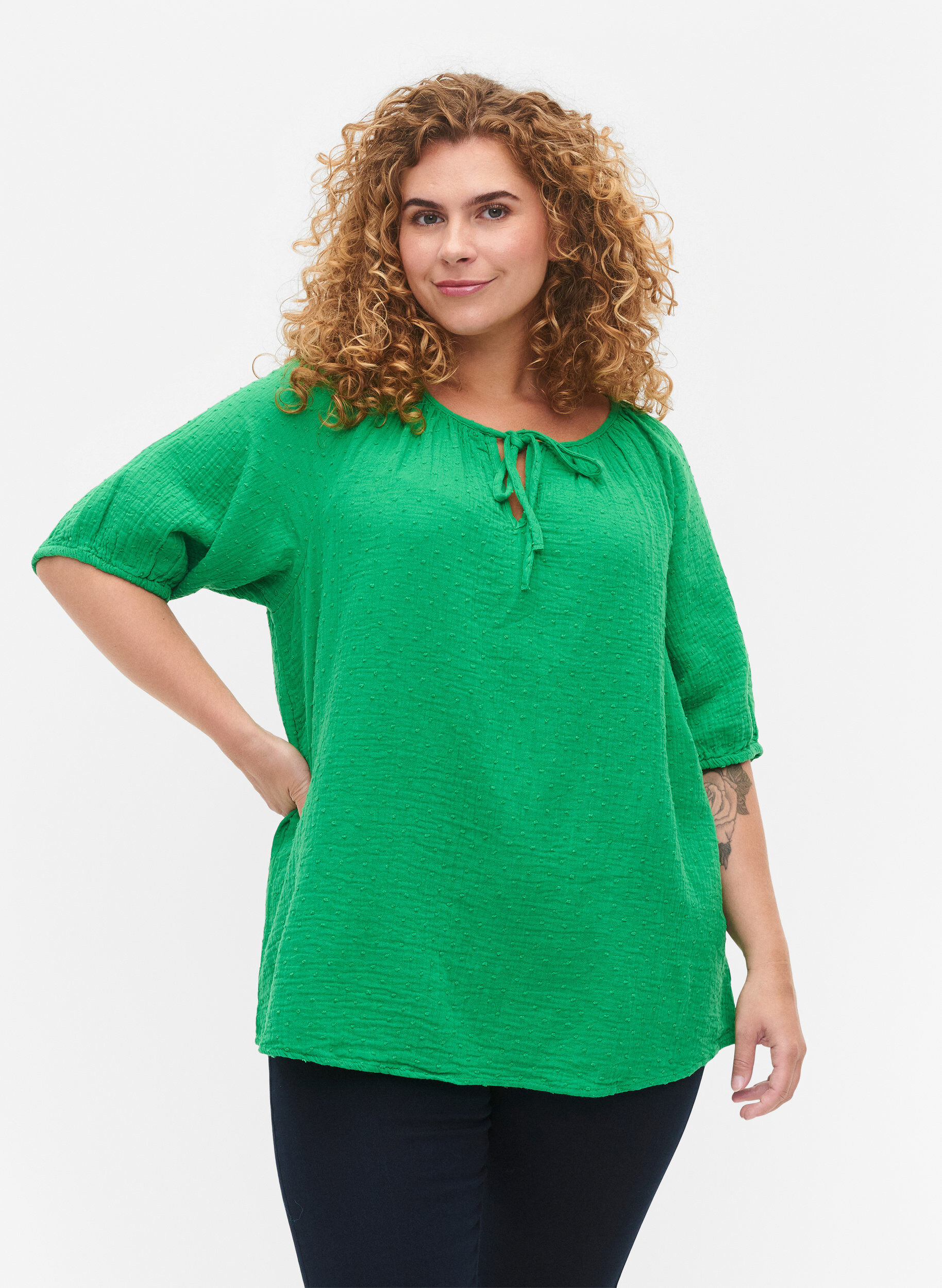 Zizzi Katoenen blouse met korte mouw, Bright Green, Model image number 0