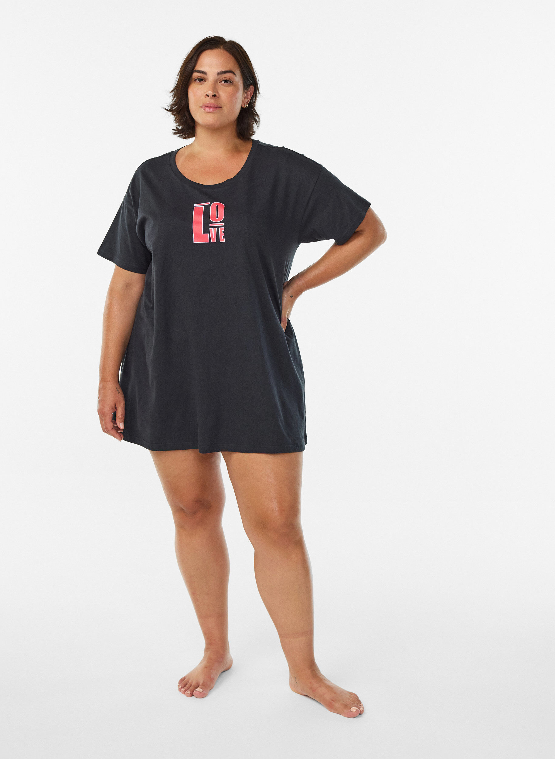 Zizzi Lang nachthemd-T-shirt in biologisch katoen met print, Grijs, Model image number 1