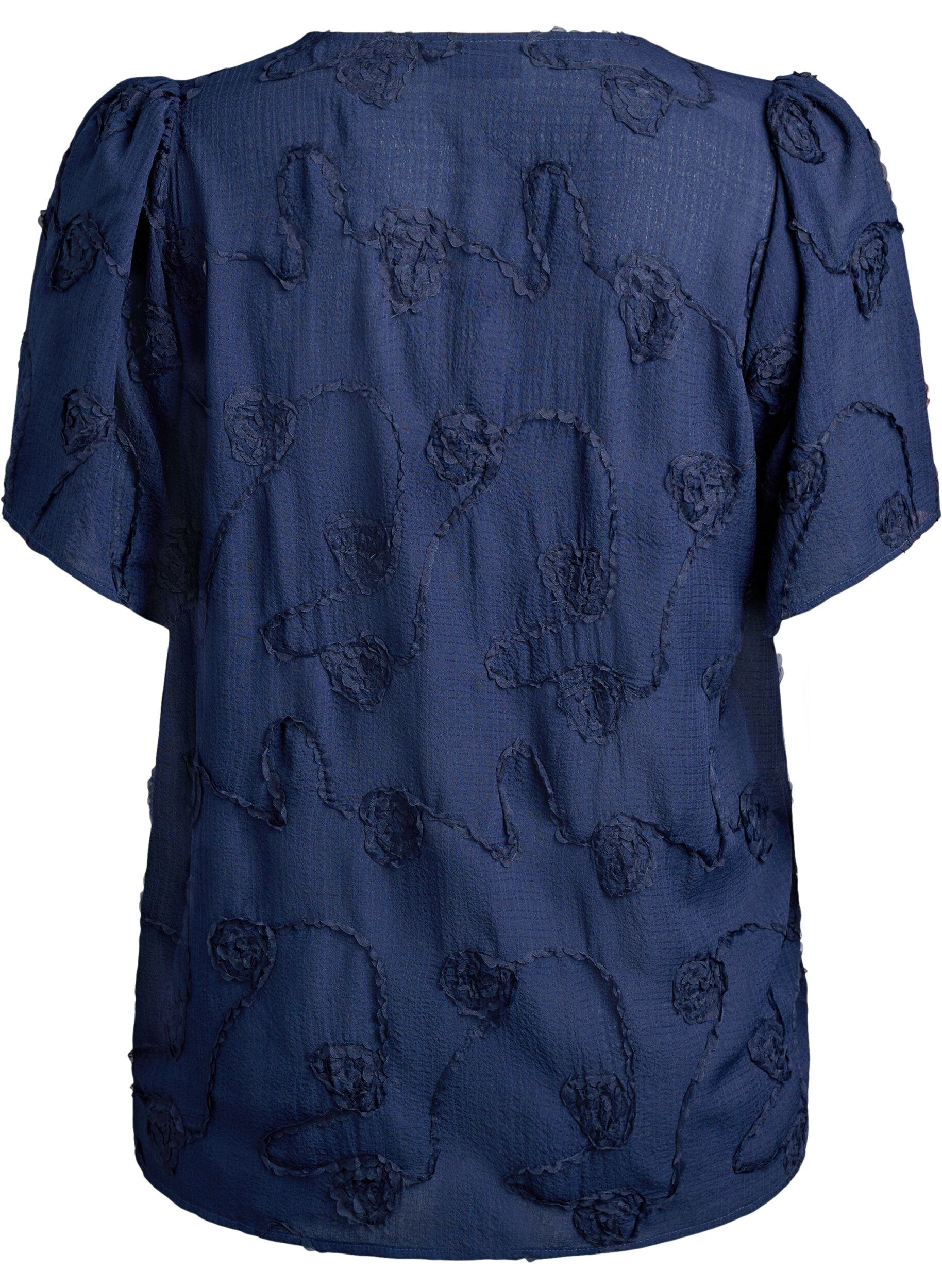 Zizzi Shirtblouse met korte mouwen en 3D-bloeimeffect, Blauw, Packshot image number 1